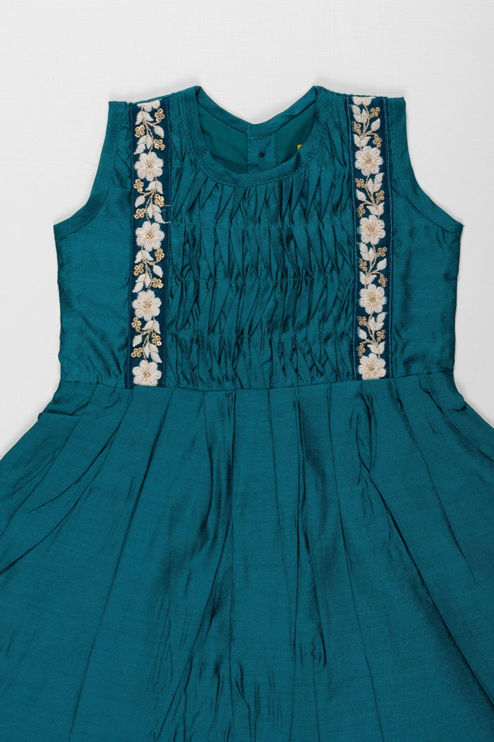 The Nesavu Girls Cotton Frock Teal Blue Pleated Frock with Elegant White Lace Detailing for Girls Nesavu Elegant Teal Blue Lace Frock for Girls | Festive Children's Dress | The Nesavu