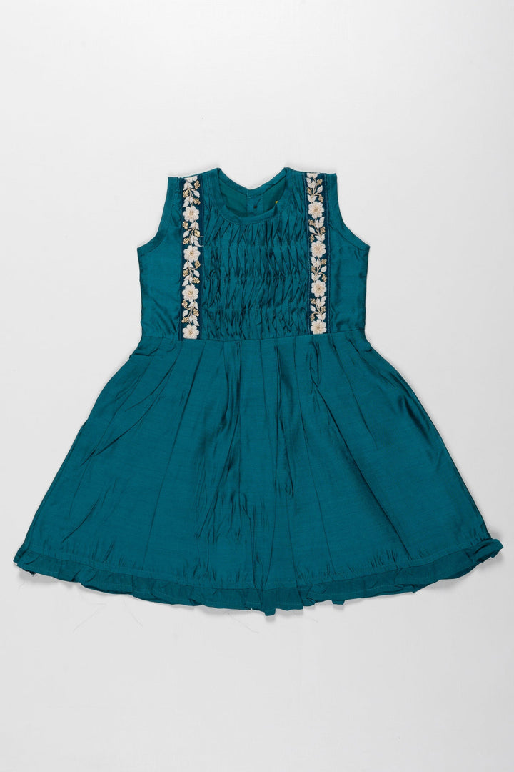 The Nesavu Girls Cotton Frock Teal Blue Pleated Frock with Elegant White Lace Detailing for Girls Nesavu Elegant Teal Blue Lace Frock for Girls | Festive Children's Dress | The Nesavu