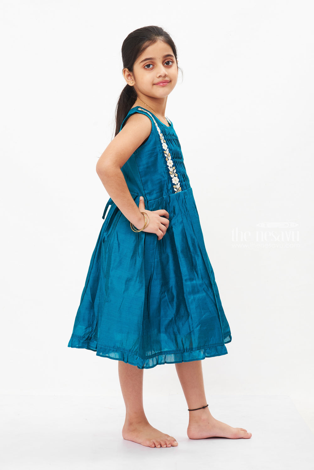 The Nesavu Girls Cotton Frock Teal Blue Pleated Frock with Elegant White Lace Detailing for Girls Nesavu Elegant Teal Blue Lace Frock for Girls | Festive Children's Dress | The Nesavu