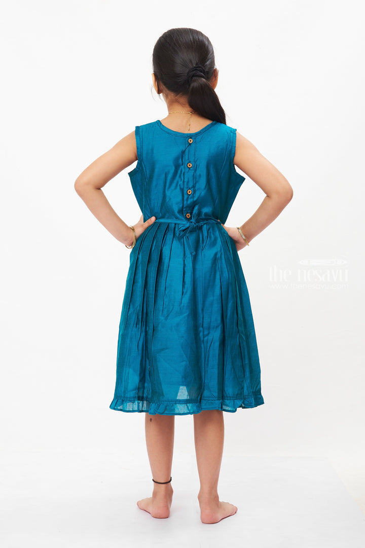 The Nesavu Girls Cotton Frock Teal Blue Pleated Frock with Elegant White Lace Detailing for Girls Nesavu Elegant Teal Blue Lace Frock for Girls | Festive Children's Dress | The Nesavu