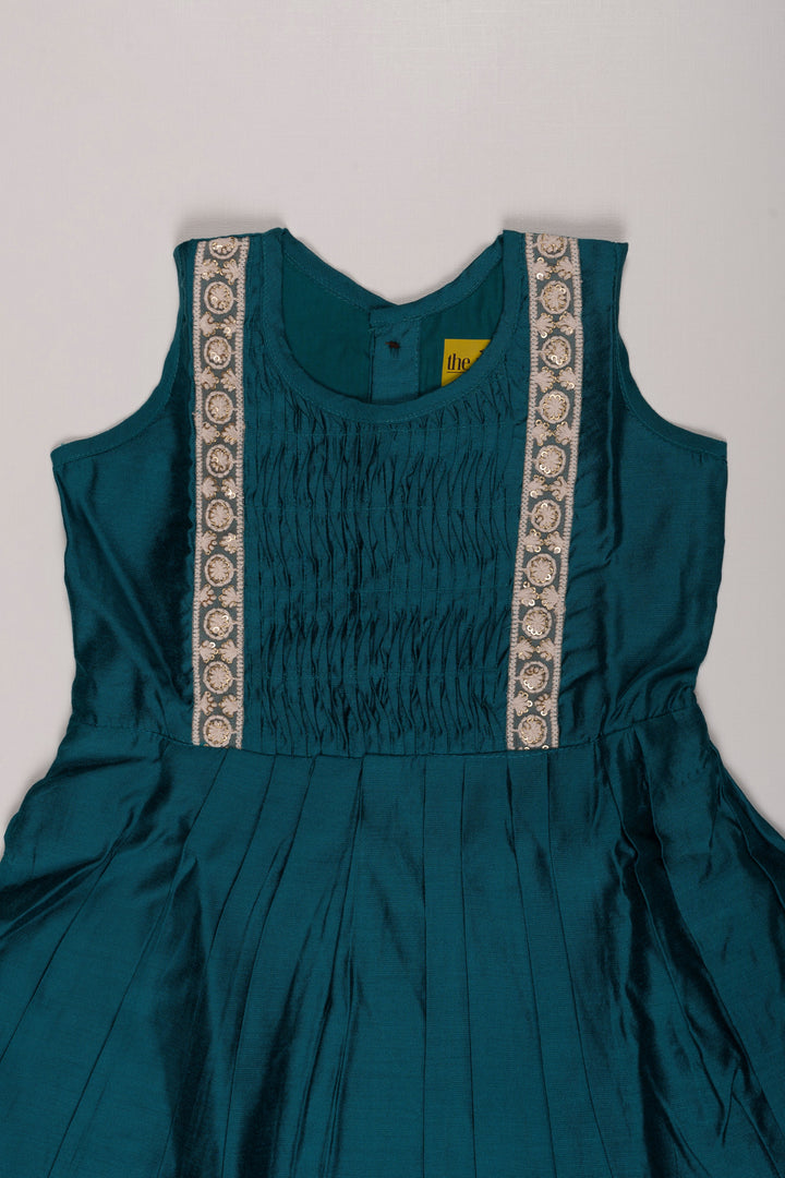 The Nesavu Girls Cotton Frock Teal Blue Pleated Frock with Elegant White Lace Detailing for Girls Nesavu Elegant Teal Blue Lace Frock for Girls | Festive Children's Dress | The Nesavu