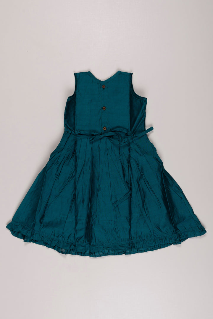 The Nesavu Girls Cotton Frock Teal Blue Pleated Frock with Elegant White Lace Detailing for Girls Nesavu Elegant Teal Blue Lace Frock for Girls | Festive Children's Dress | The Nesavu