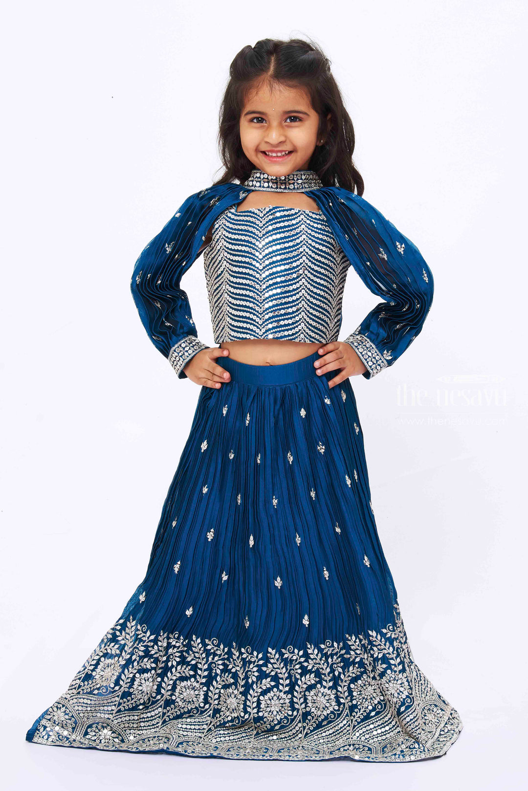 The Nesavu Girls Lehenga Choli Teal Blue Sequin Embroidered Lehenga Set with Crop Top, Detachable Sleeves, and Dupatta for Girls Nesavu 16 (1Y) / Blue GL375B-16 Girls Teal Blue Embroidered Lehenga Crop Top | Traditional Wear with Modern Twist