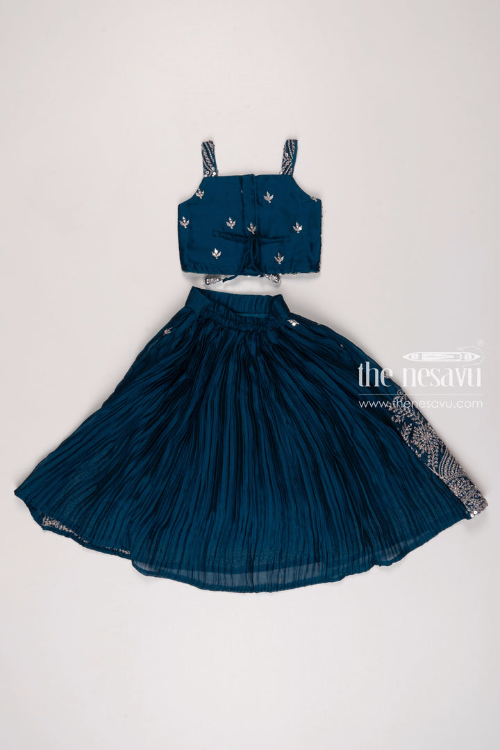 The Nesavu Girls Lehenga Choli Teal Blue Sequin Embroidered Lehenga Set with Crop Top, Detachable Sleeves, and Dupatta for Girls Nesavu Girls Teal Blue Embroidered Lehenga Crop Top | Traditional Wear with Modern Twist