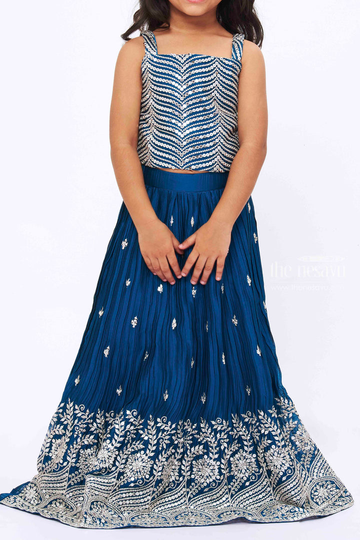 The Nesavu Girls Lehenga Choli Teal Blue Sequin Embroidered Lehenga Set with Crop Top, Detachable Sleeves, and Dupatta for Girls Nesavu Girls Teal Blue Embroidered Lehenga Crop Top | Traditional Wear with Modern Twist