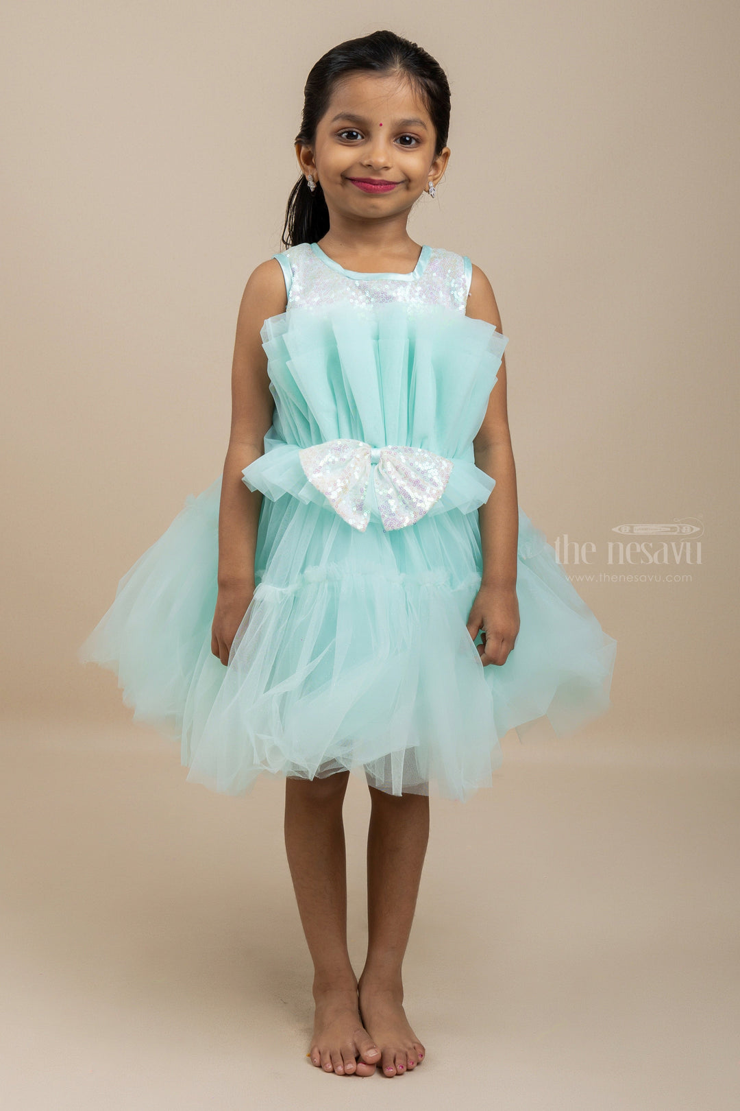 The Nesavu Girls Tutu Frock Teal Blue Soft Net Sequenced Yoke Party Gown For Baby Girls Nesavu 16 (1Y) / Green PF55A-16 Soft Net Designer Party Wear | Stylish Smart Gown Designs | The Nesavu