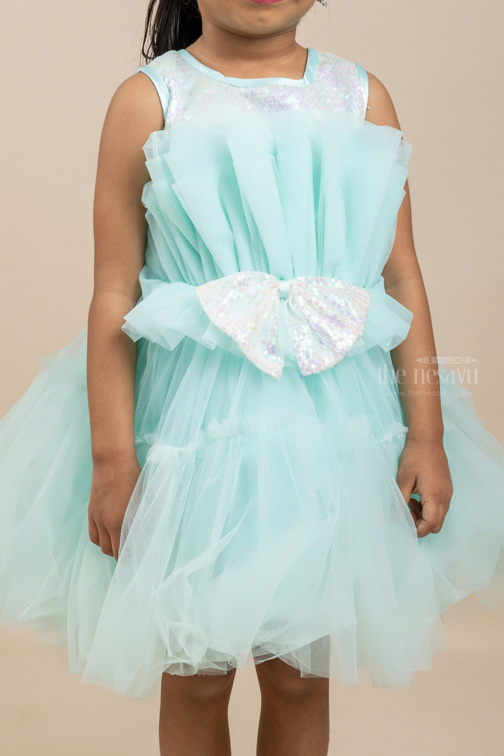 The Nesavu Girls Tutu Frock Teal Blue Soft Net Sequenced Yoke Party Gown For Baby Girls Nesavu Soft Net Designer Party Wear | Stylish Smart Gown Designs | The Nesavu