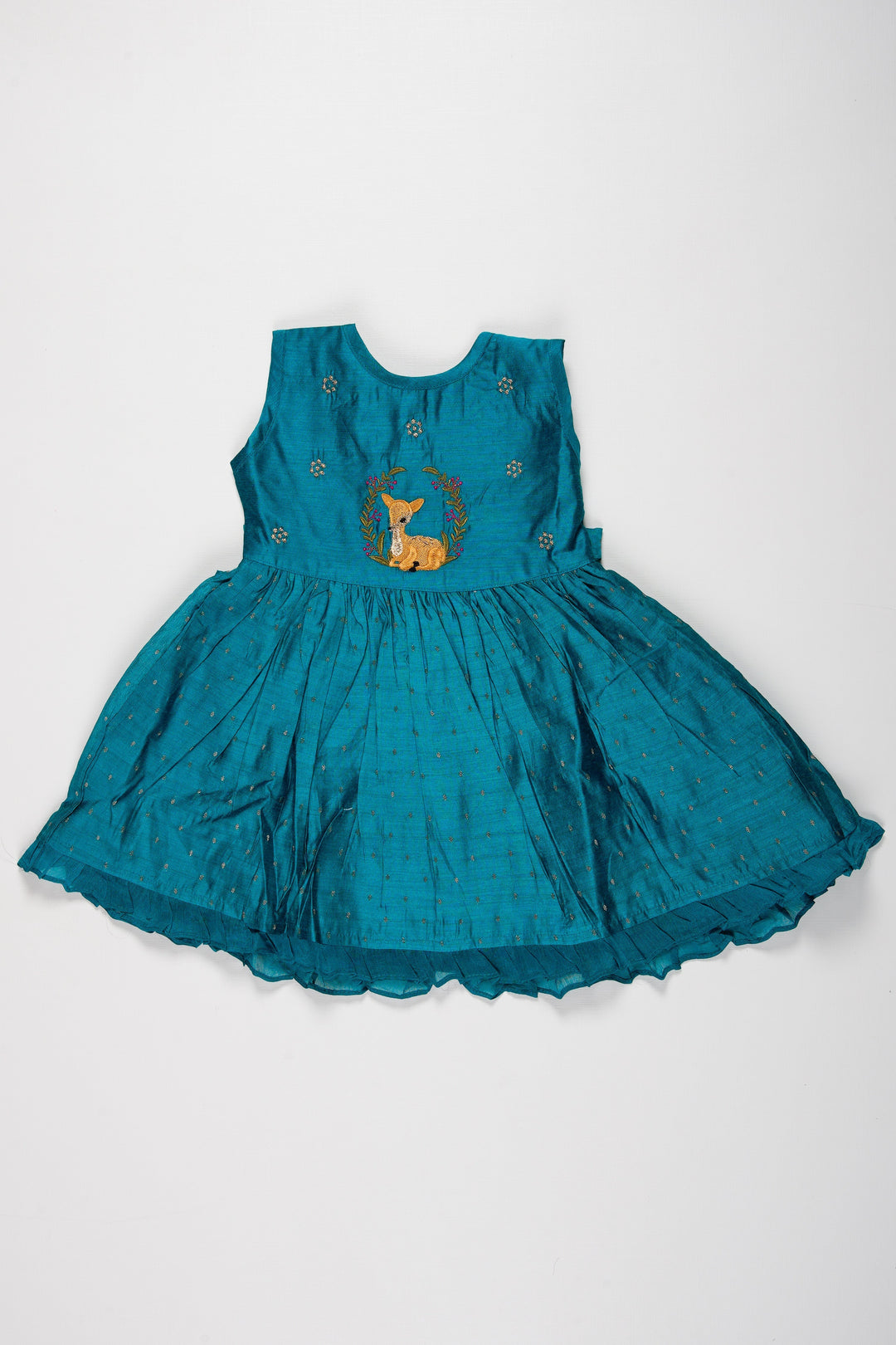The Nesavu Girls Cotton Frock Teal Chanderi Cotton Frock with Embroidered Fawn for Young Girls Nesavu 16 (1Y) / Blue / Chanderi GFC1316A-16 Shop Teal Chanderi Cotton Frock with Fawn Embroidery for Girls | The Nesavu