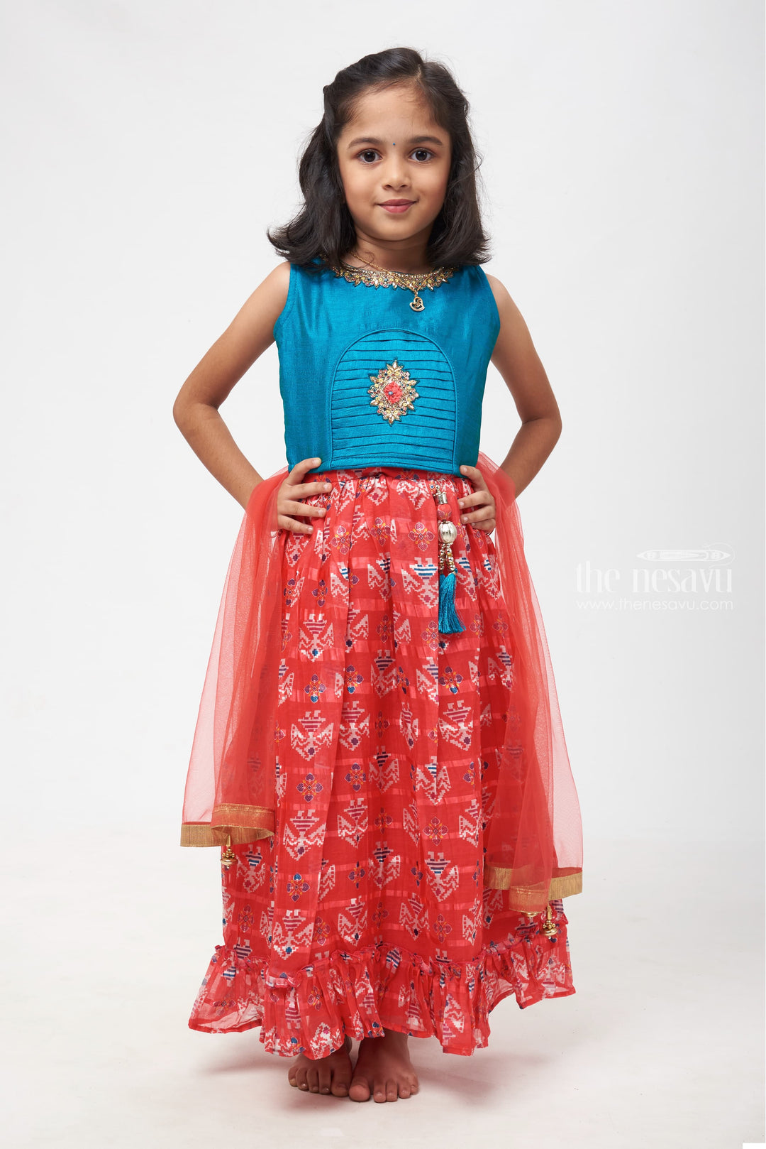 The Nesavu Girls Lehenga Choli Teal Embellished Crop Top & Traditional Pink Printed Lehenga Set Nesavu 16 (1Y) / Pink / Georgette GL374A-16 Kids Festive Lehenga Outfit | Little Girls Lehenga Suit for Diwali | The Nesavu