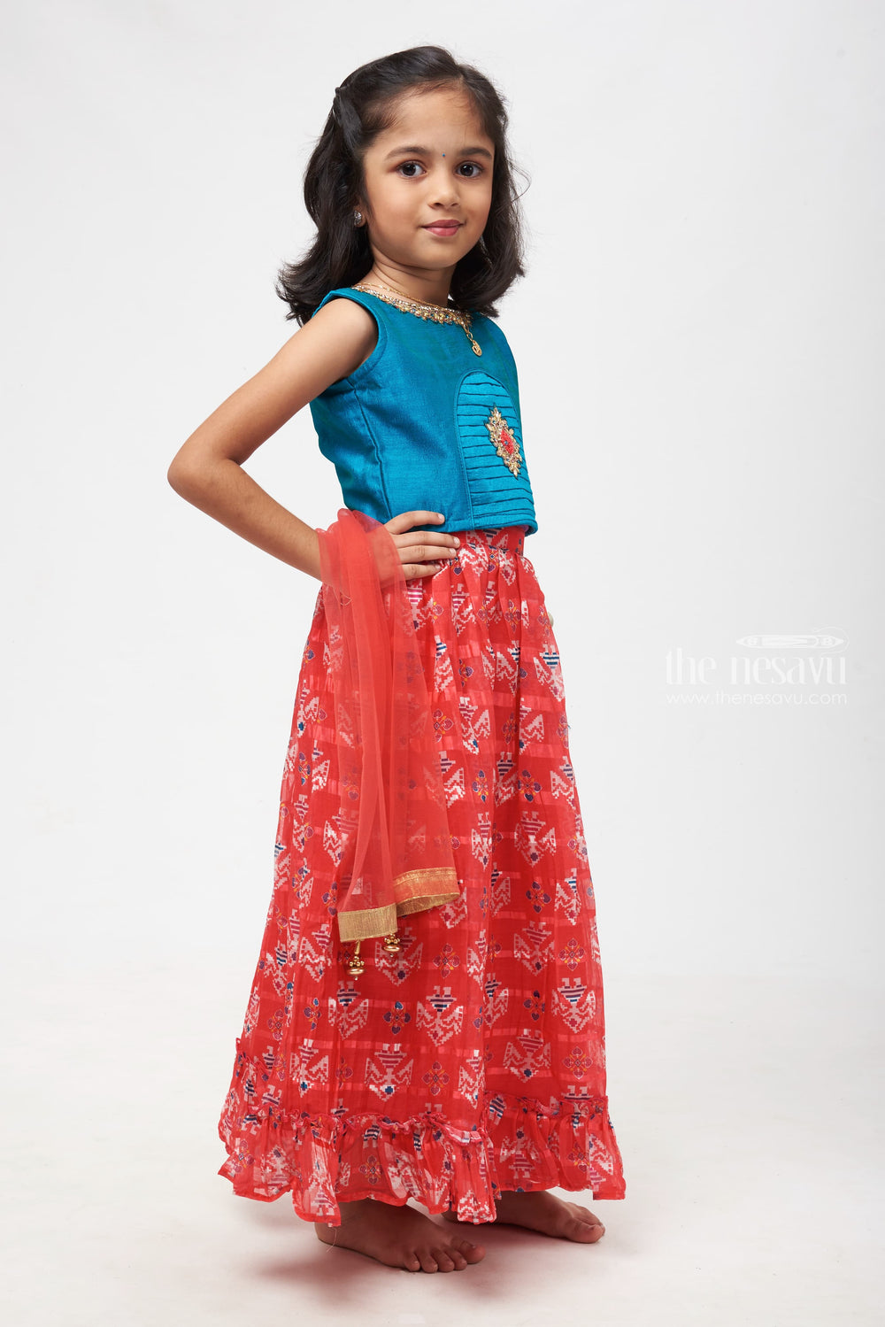 The Nesavu Girls Lehenga Choli Teal Embellished Crop Top & Traditional Pink Printed Lehenga Set Nesavu Kids Festive Lehenga Outfit | Little Girls Lehenga Suit for Diwali | The Nesavu