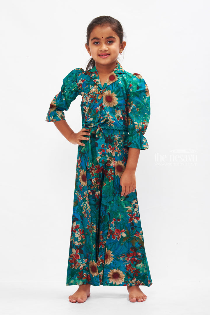 The Nesavu Girls Sharara / Plazo Set Teal Floral Embroidered Jacket and Palazzo Set for Girls Nesavu 18 (2Y) / Green GPS260A-18 Girls Embroidered Teal Jacket & Palazzo | Floral Festive Outfit for Girls | The Nesavu