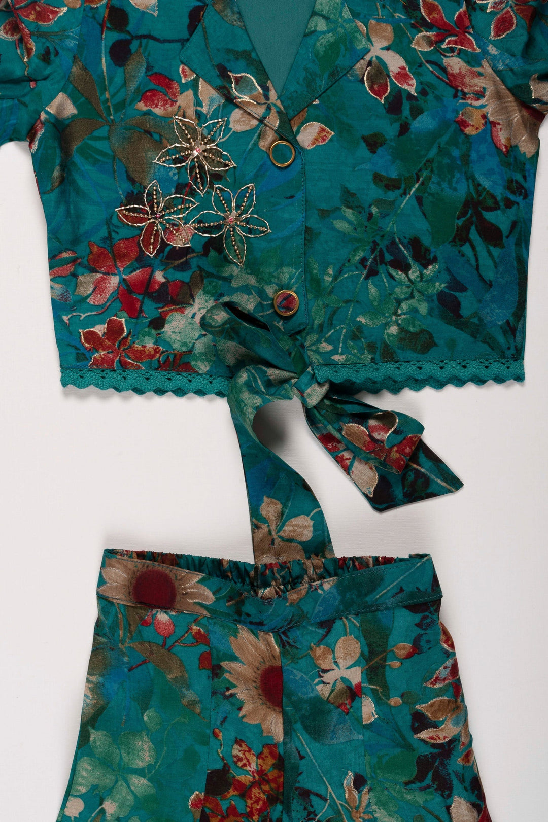 The Nesavu Girls Sharara / Plazo Set Teal Floral Embroidered Jacket and Palazzo Set for Girls Nesavu Girls Embroidered Teal Jacket & Palazzo | Floral Festive Outfit for Girls | The Nesavu