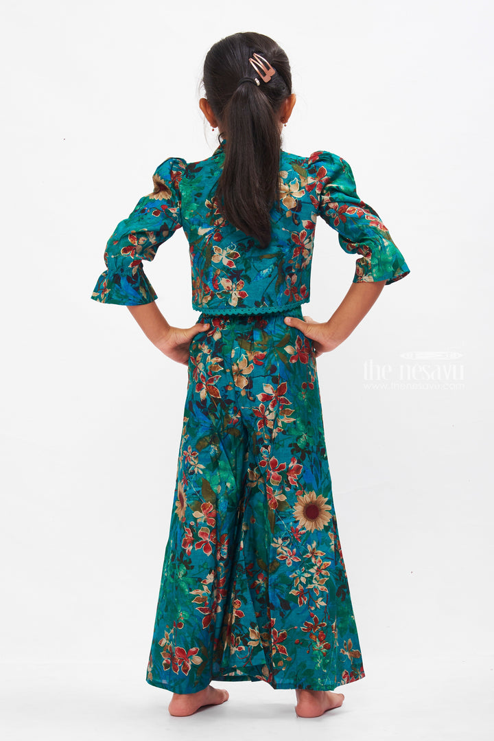 The Nesavu Girls Sharara / Plazo Set Teal Floral Embroidered Jacket and Palazzo Set for Girls Nesavu Girls Embroidered Teal Jacket & Palazzo | Floral Festive Outfit for Girls | The Nesavu