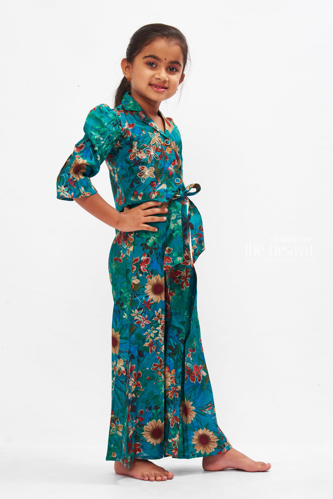The Nesavu Girls Sharara / Plazo Set Teal Floral Embroidered Jacket and Palazzo Set for Girls Nesavu Girls Embroidered Teal Jacket & Palazzo | Floral Festive Outfit for Girls | The Nesavu