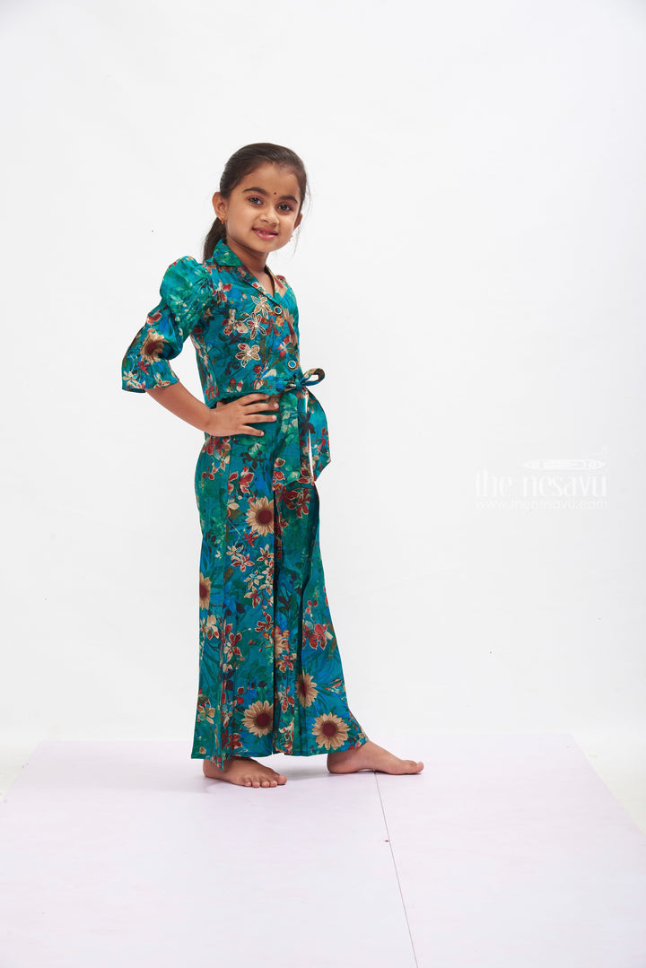 The Nesavu Girls Sharara / Plazo Set Teal Floral Embroidered Jacket and Palazzo Set for Girls Nesavu Girls Embroidered Teal Jacket & Palazzo | Floral Festive Outfit for Girls | The Nesavu