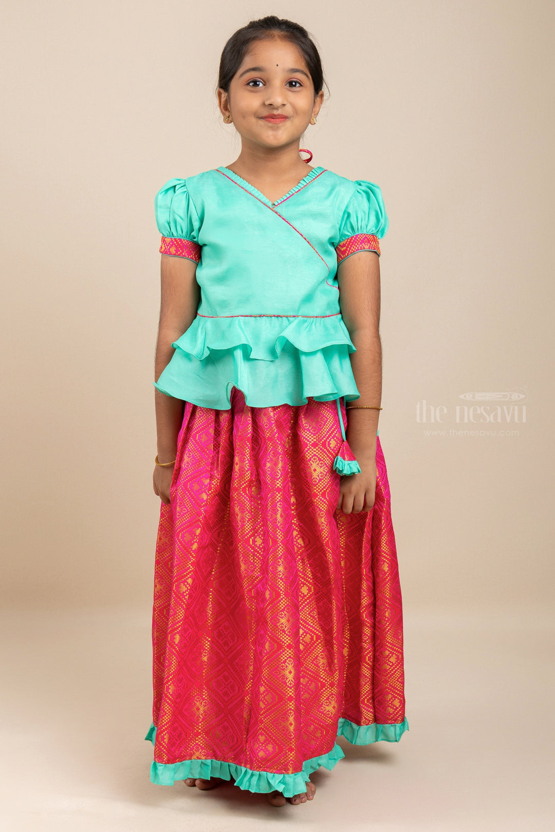 The Nesavu Pattu Pavadai Teal Pink Kanchi Banaras Silk Pattu Pavadai With Trendy Blouse Nesavu 16 (1Y) / Pink / Jacquard GPP164-16 Girls Kanchi Silk Pattu Pavadai | Shop Online | the Nesavu