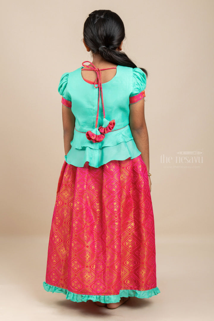 The Nesavu Pattu Pavadai Teal Pink Kanchi Banaras Silk Pattu Pavadai With Trendy Blouse Nesavu Girls Kanchi Silk Pattu Pavadai | Shop Online | the Nesavu
