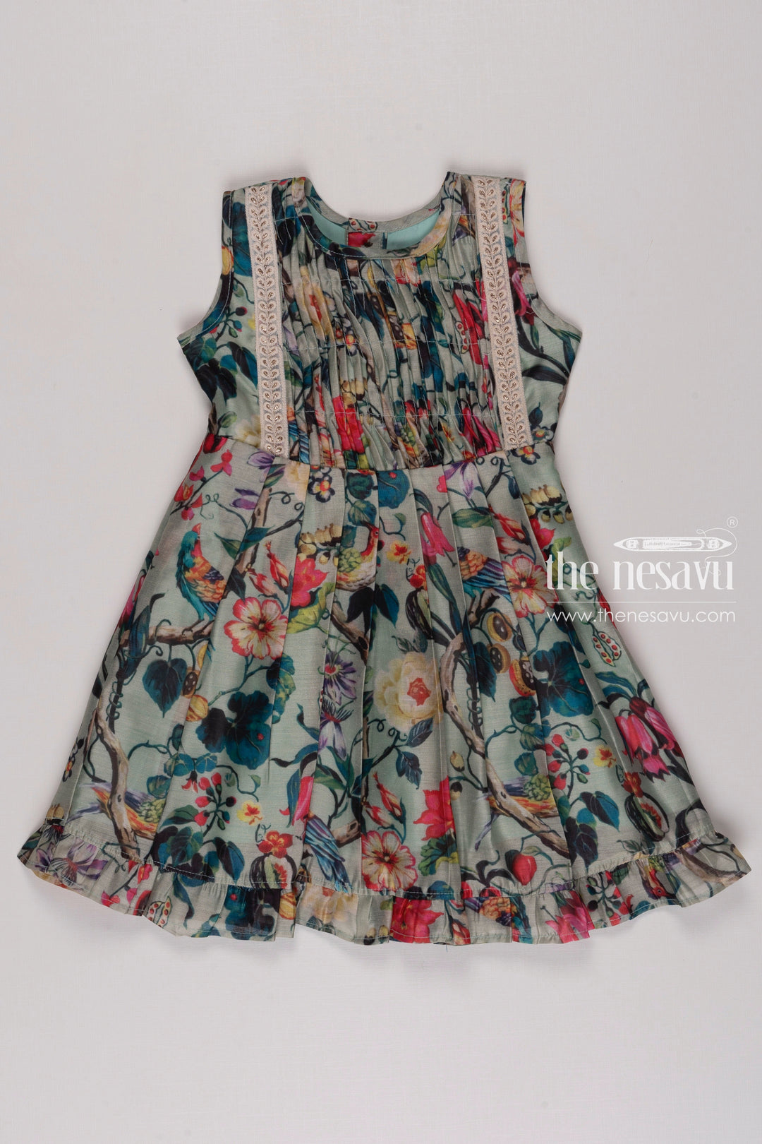 The Nesavu Girls Cotton Frock Teal Tapestry Floral Frock: Girls Lively Cotton Dress with Vintage Lace Trim Nesavu 12 (3M) / Green / Chanderi GFC1194B-12 Vibrant Teal Floral Cotton Dress for Girls | Vintage Lace Detail | Playful Ruffled Hem Frock | The Nesavu