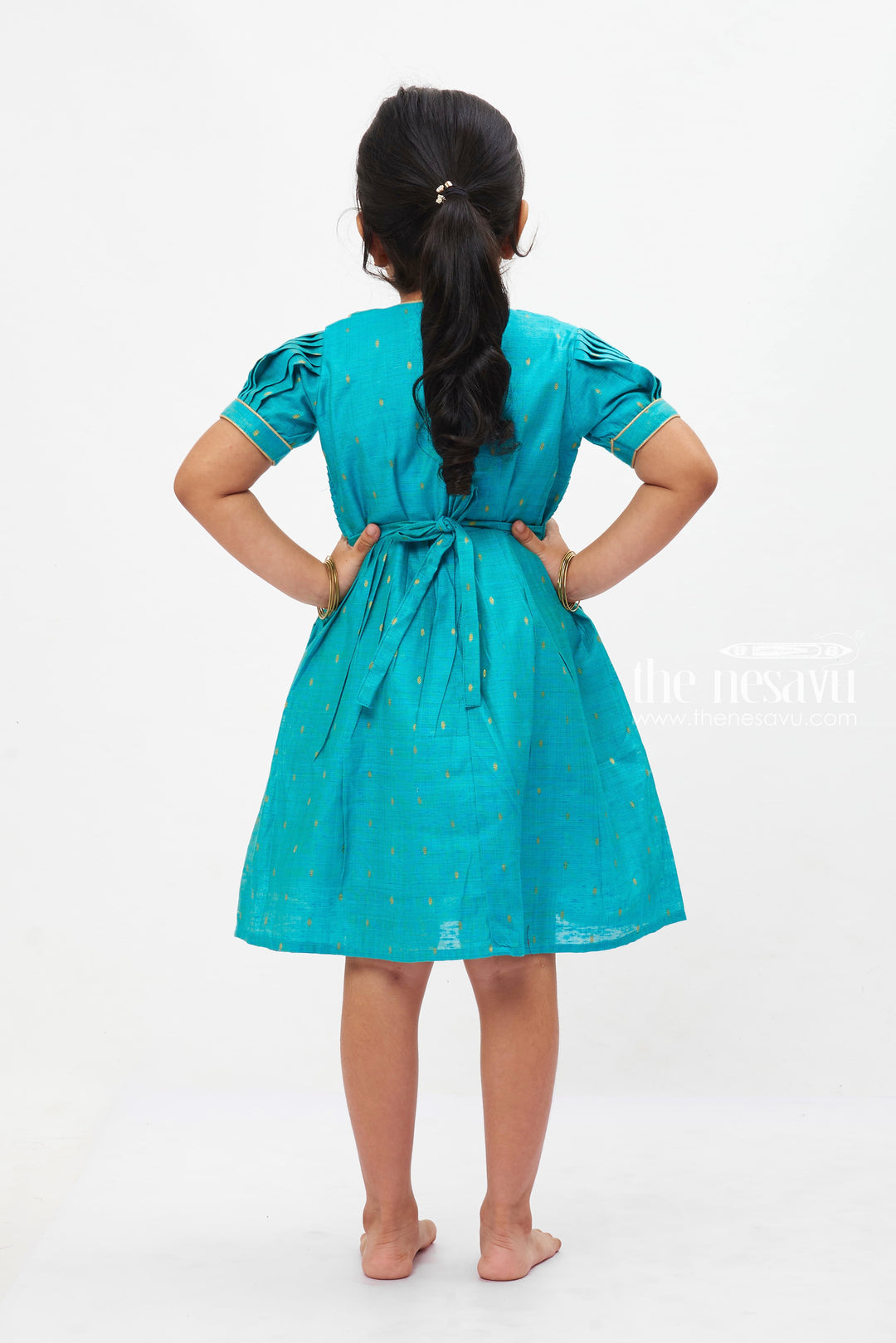 The Nesavu Girls Cotton Frock Teal Treasure Traditional Frock: Elegant Golden Motif Dress for Girls Nesavu Girls Traditional Teal & Gold Motif Dress | Puff Sleeve Princess Frock | Elegant Event Wear | The Nesavu