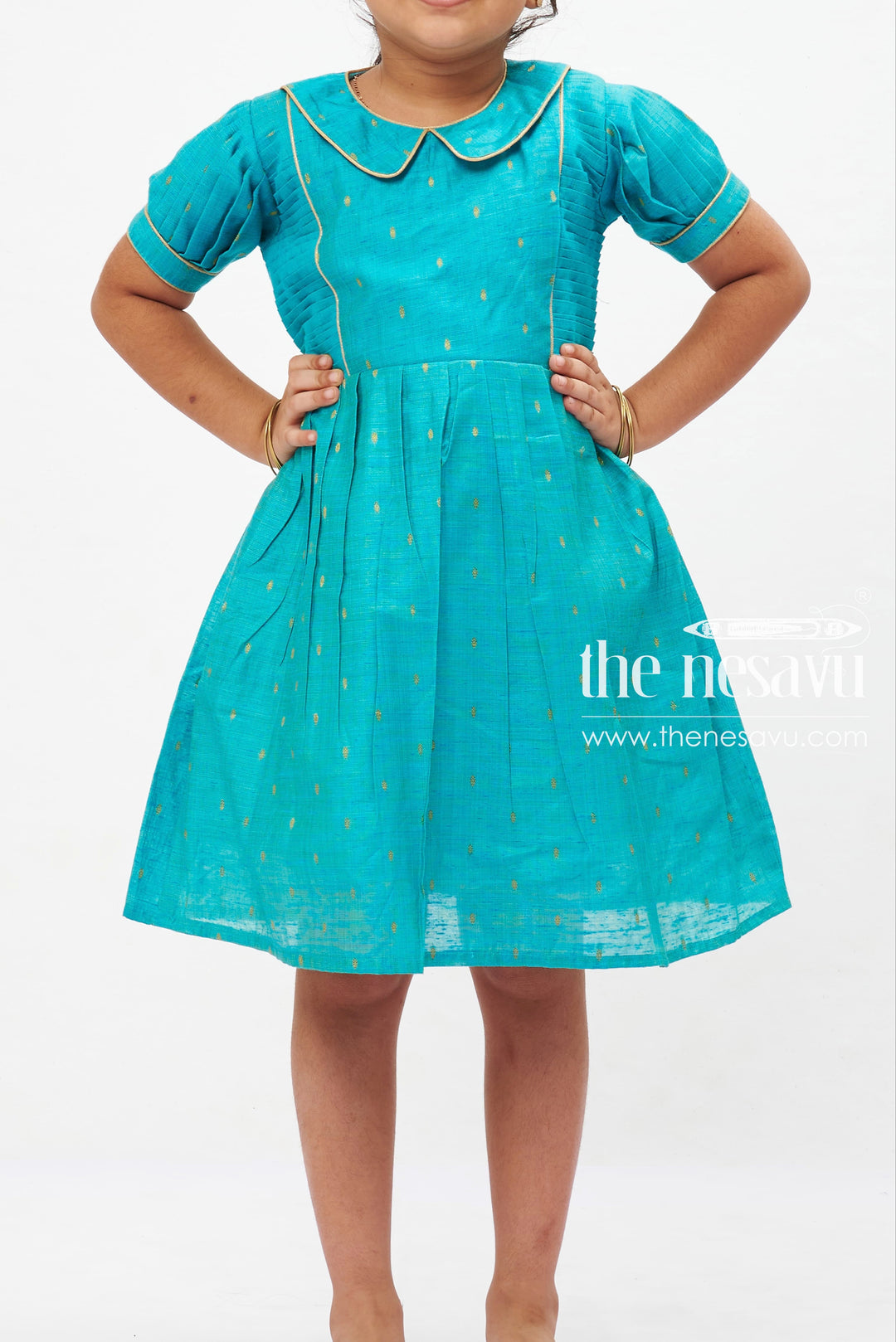 The Nesavu Girls Cotton Frock Teal Treasure Traditional Frock: Elegant Golden Motif Dress for Girls Nesavu Girls Traditional Teal & Gold Motif Dress | Puff Sleeve Princess Frock | Elegant Event Wear | The Nesavu