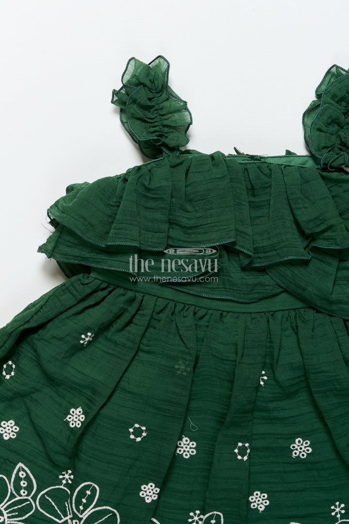 The Nesavu Girls Shorts Temple Visit Baby Frock in Traditional Green with Soft Cotton Fabric and Intricate Floral Lace Accents Nesavu Nesavu traditional green baby cotton frock floral lace temple visits cultural celebrations