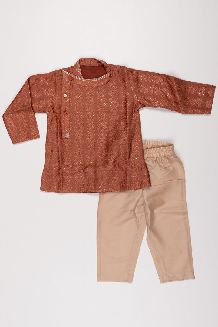 The Nesavu Boys Kurtha Set Terracotta Traditional Print Kurta with Cream Pant for Boys Nesavu 14 (6M) / Brown / Raw Silk BES469A-14 Terracotta Print Kurta Set | Pure silk Kurta Set | The Nesavu