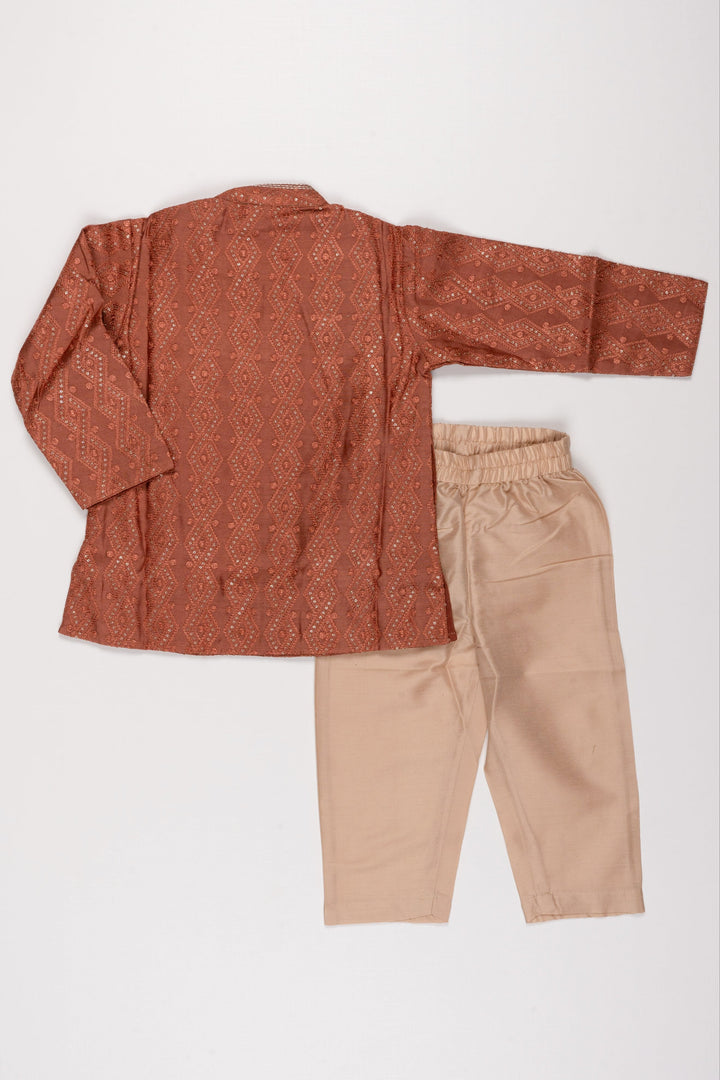 The Nesavu Boys Kurtha Set Terracotta Traditional Print Kurta with Cream Pant for Boys Nesavu Terracotta Print Kurta Set | Pure silk Kurta Set | The Nesavu