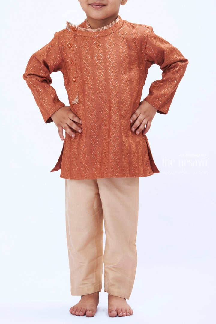 The Nesavu Boys Kurtha Set Terracotta Traditional Print Kurta with Cream Pant for Boys Nesavu Terracotta Print Kurta Set | Pure silk Kurta Set | The Nesavu