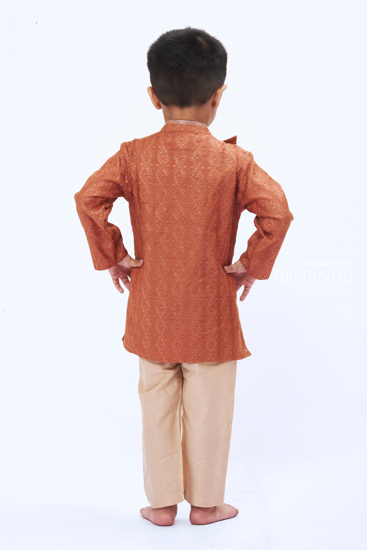 The Nesavu Boys Kurtha Set Terracotta Traditional Print Kurta with Cream Pant for Boys Nesavu Terracotta Print Kurta Set | Pure silk Kurta Set | The Nesavu