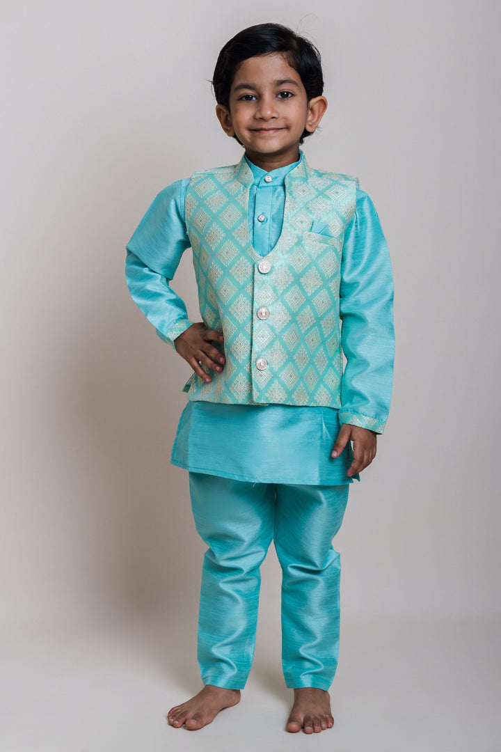 The Nesavu Boys Jacket Sets Terrific Blue Three Piece Kurta Set With Designer Overcoat For Little Boys Nesavu 16 (1Y) / Blue / Silk Blend BES263A-16 Stylish Party Wear Kurta For Boys | Designer Ethnics | The Nesavu
