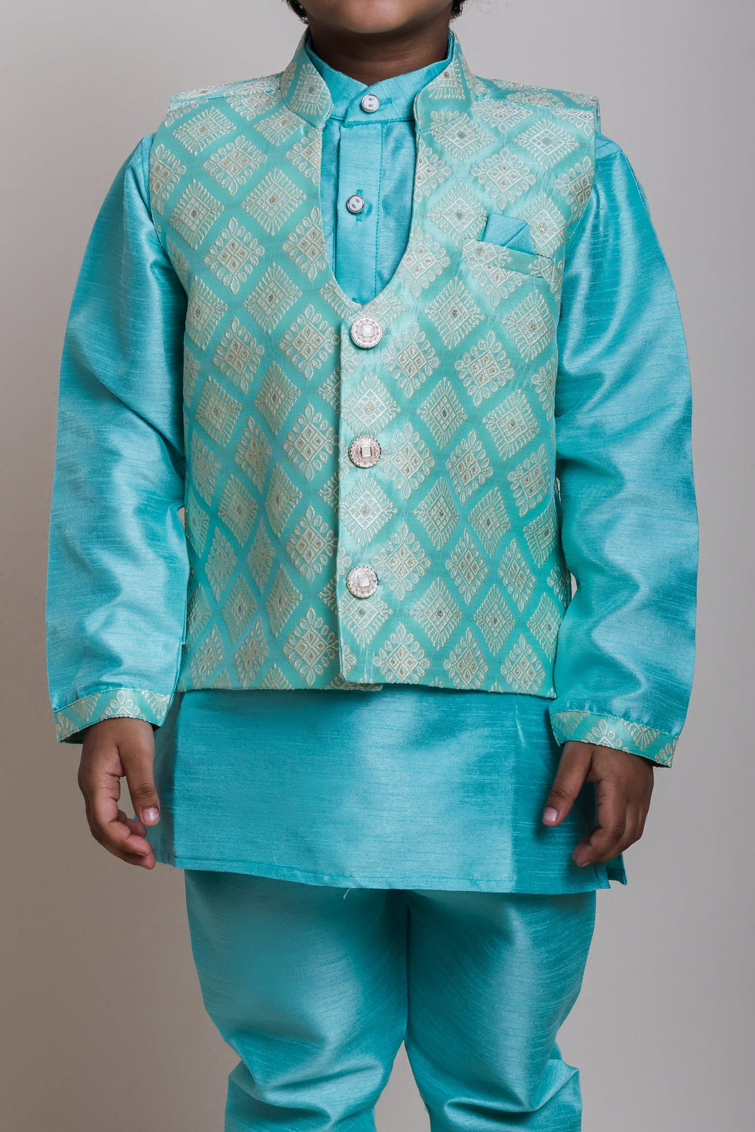 The Nesavu Boys Jacket Sets Terrific Blue Three Piece Kurta Set With Designer Overcoat For Little Boys Nesavu Stylish Party Wear Kurta For Boys | Designer Ethnics | The Nesavu
