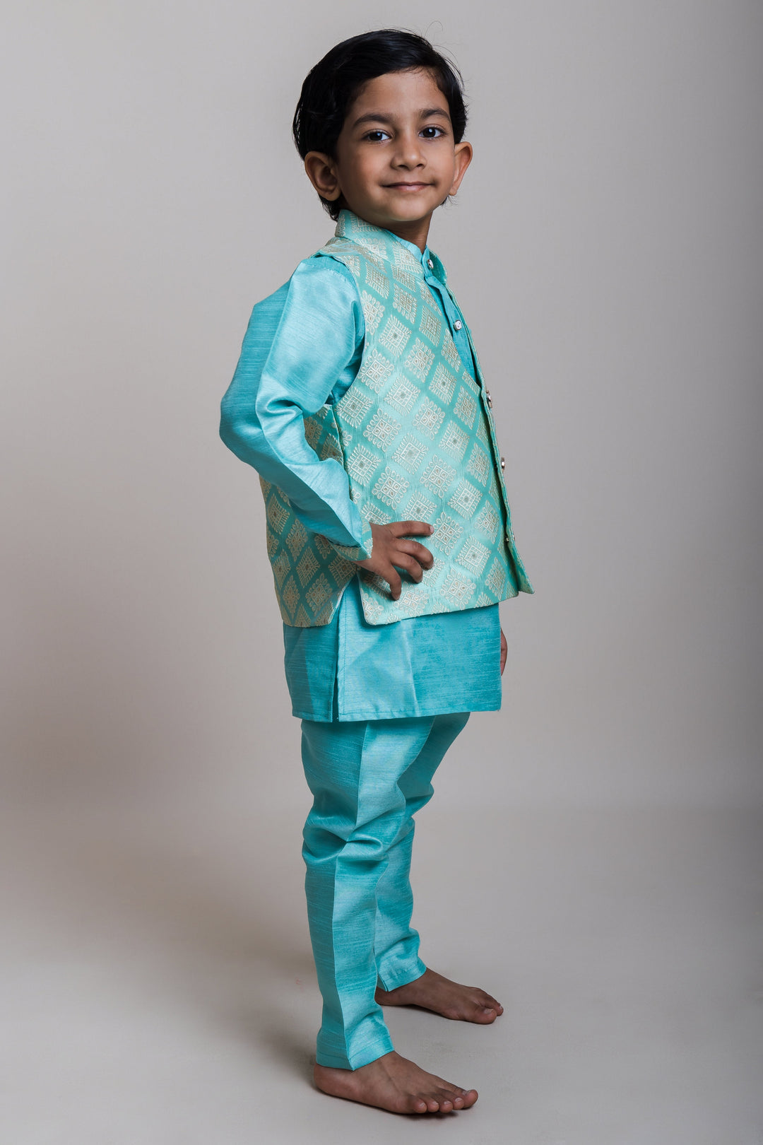 The Nesavu Boys Jacket Sets Terrific Blue Three Piece Kurta Set With Designer Overcoat For Little Boys Nesavu Stylish Party Wear Kurta For Boys | Designer Ethnics | The Nesavu
