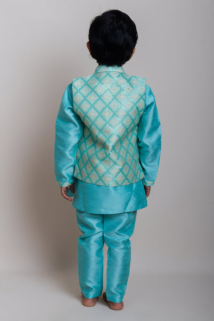 The Nesavu Boys Jacket Sets Terrific Blue Three Piece Kurta Set With Designer Overcoat For Little Boys Nesavu Stylish Party Wear Kurta For Boys | Designer Ethnics | The Nesavu