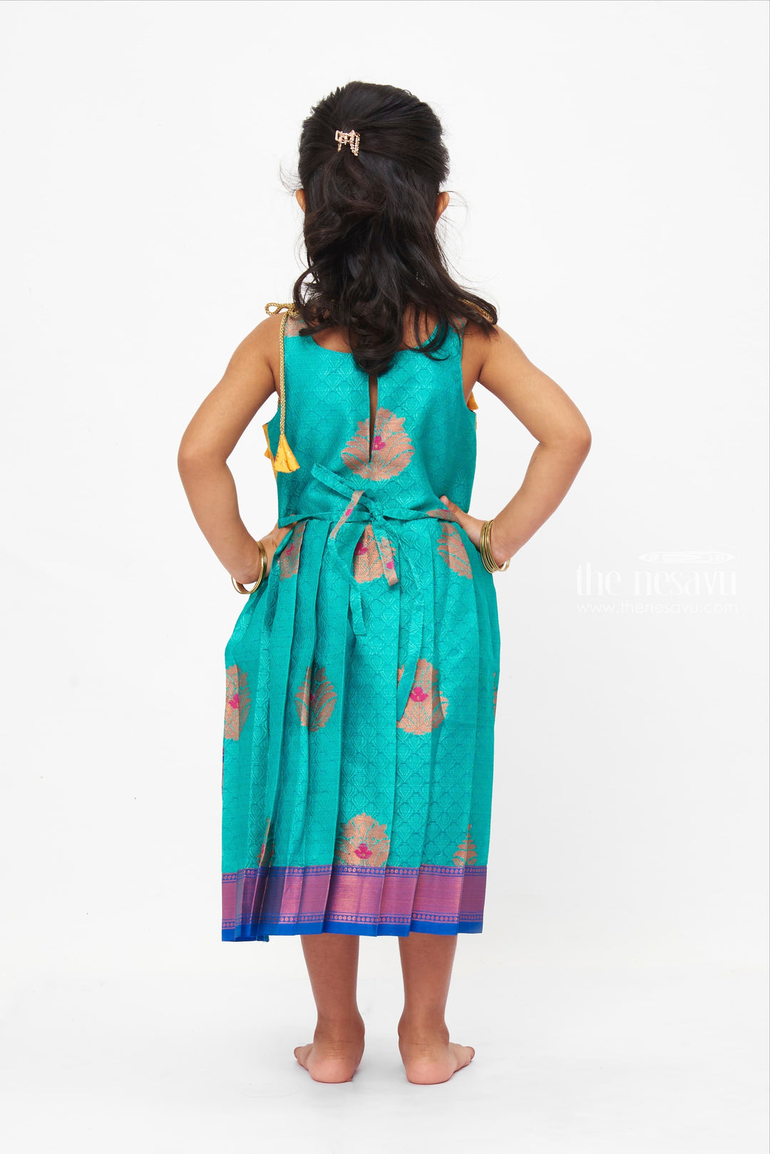 The Nesavu Tie-up Frock Terrific Turquoise And Dark Blue Semi-Silk Tie-Up Frocks For Girls Nesavu Banaras Silk Tie-Up Frocks Collection| Traditional Dresses| The Nesavu
