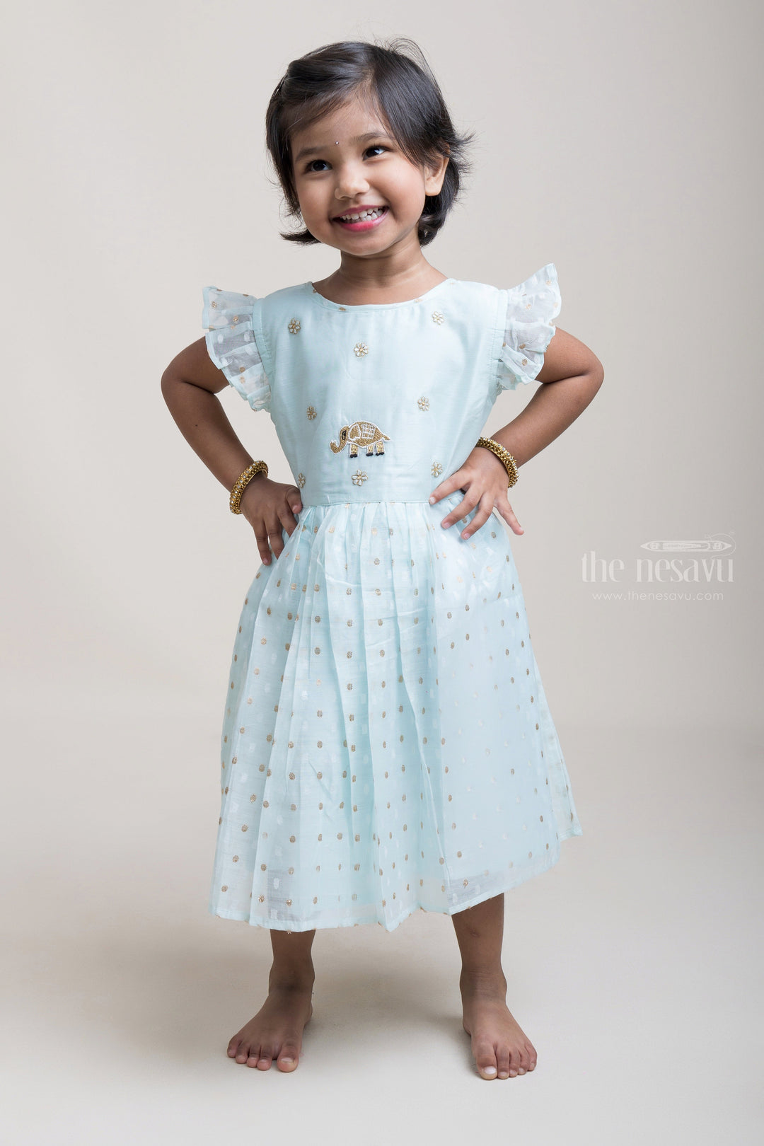 The Nesavu Girls Fancy Frock Thread Embroidered Butta Sequenced Blue Cotton Frock Nesavu 16 (1Y) / Green / Chanderi GFC979B Fashion Frock For Girls | Cotton Frocks Latest Model | The Nesavu