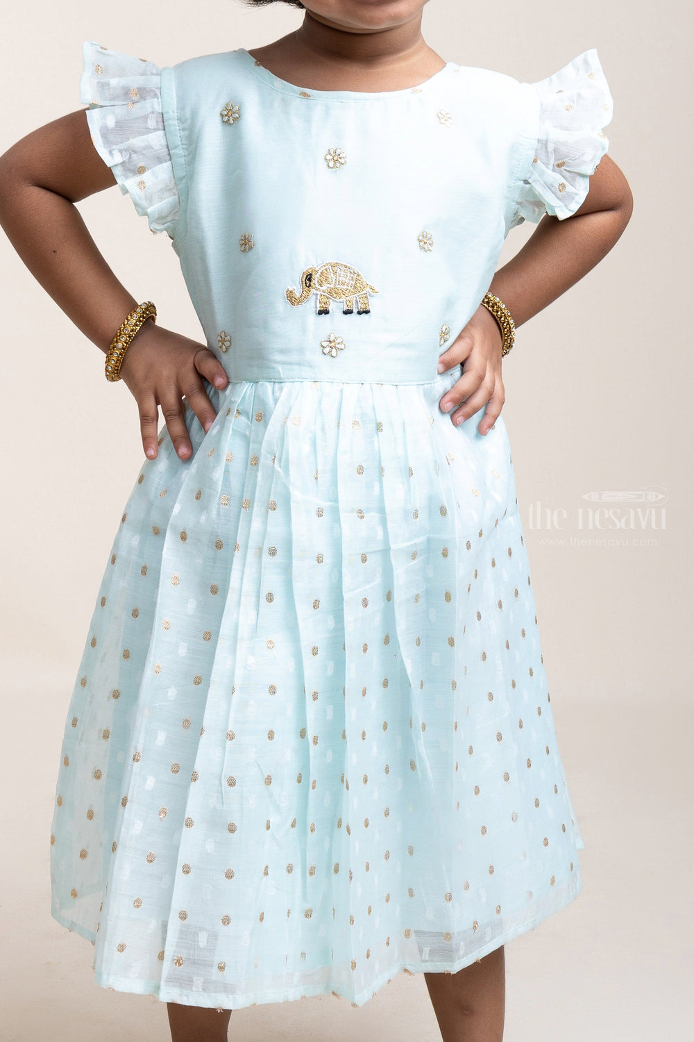 The Nesavu Girls Fancy Frock Thread Embroidered Butta Sequenced Blue Cotton Frock Nesavu Fashion Frock For Girls | Cotton Frocks Latest Model | The Nesavu