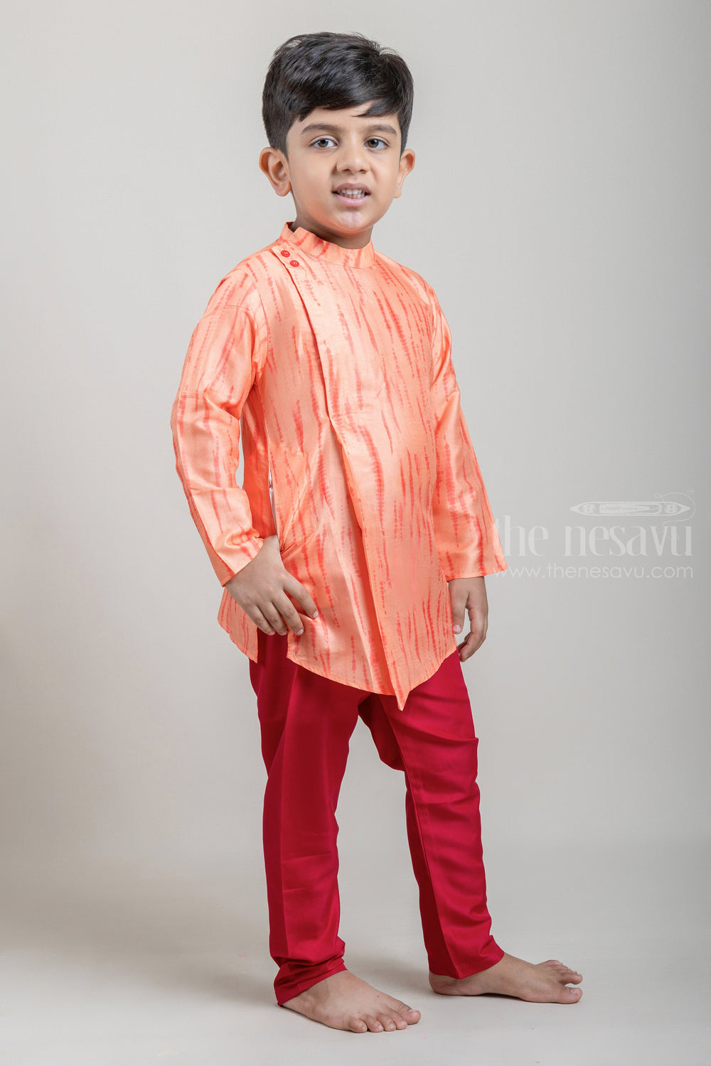 The Nesavu Ethnic Sets Tie and Dyed Orange Boys Kurta with Red Pant psr silks Nesavu 12 (3M) / Orange BES341A
