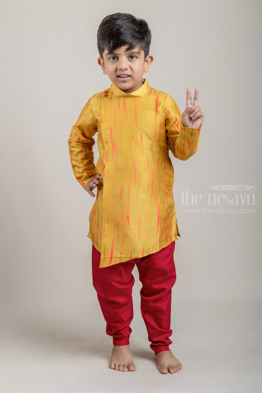 The Nesavu Ethnic Sets Tie and Dyed Yellow Boys Kurta with Red Pant psr silks Nesavu 12 (3M) / Yellow BES341B