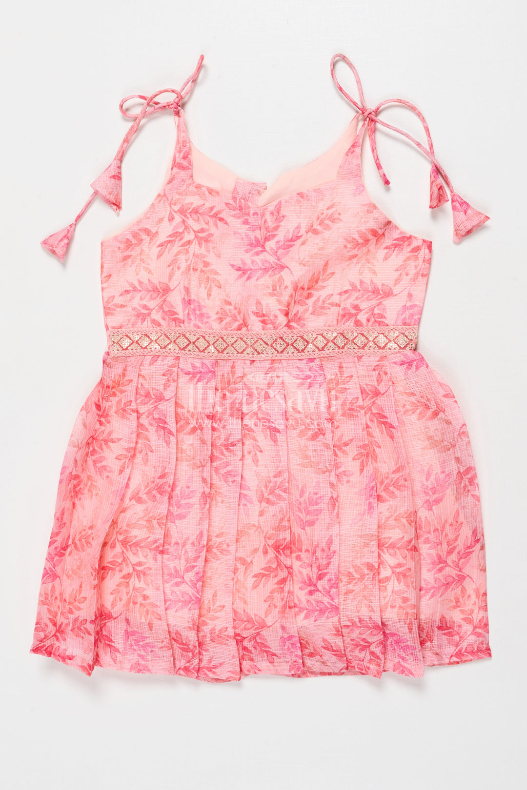 The Nesavu Tie-up Frock Tie-up Frock for Baby Girls for Casual Celebrations and Playdates Nesavu 16 (1Y) / Pink T416B-16 Nesavu baby girl tie-up frock in Kotta silk with floral print – perfect for birthdays and festive outings