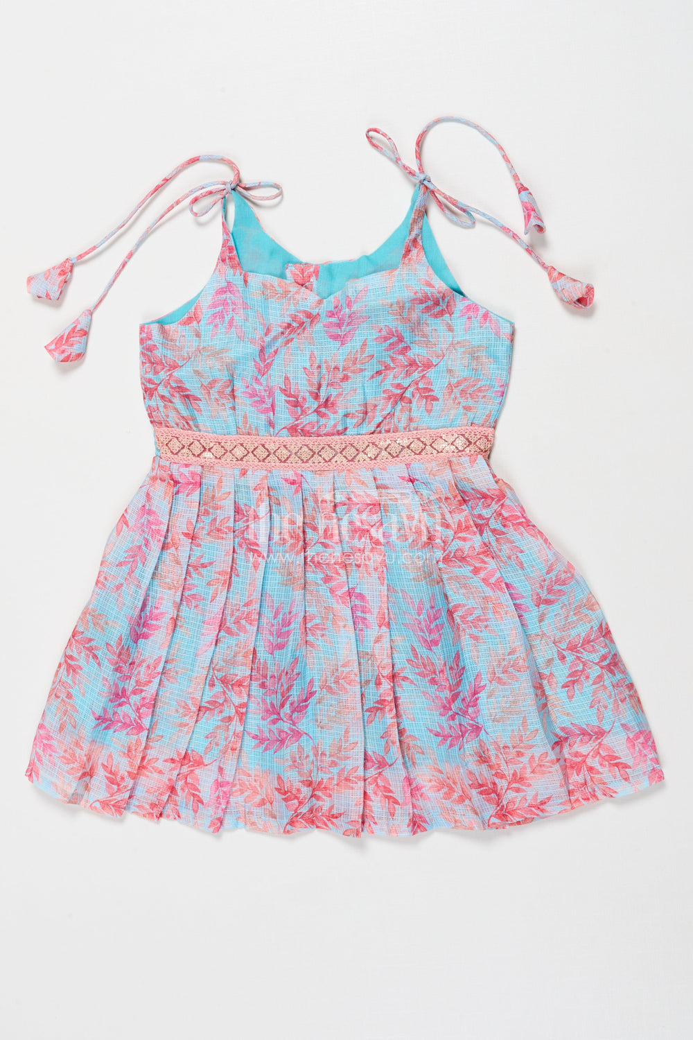 The Nesavu Tie-up Frock Tie-up Frock for Baby Girls with Digital Print for Summer Festivals and Photoshoots Nesavu 16 (1Y) / Blue T416A-16 Nesavu tie-up frock in Kotta silk with floral digital print – perfect for summer birthdays and baby photoshoots