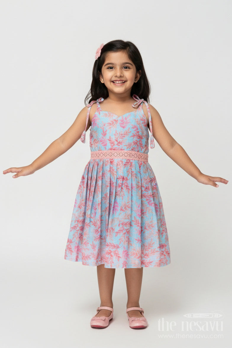 The Nesavu Tie-up Frock Tie-up Frock for Baby Girls with Digital Print for Summer Festivals and Photoshoots Nesavu 16 (1Y) / Blue T416A-16 Nesavu tie-up frock in Kotta silk with floral digital print – perfect for summer birthdays and baby photoshoots