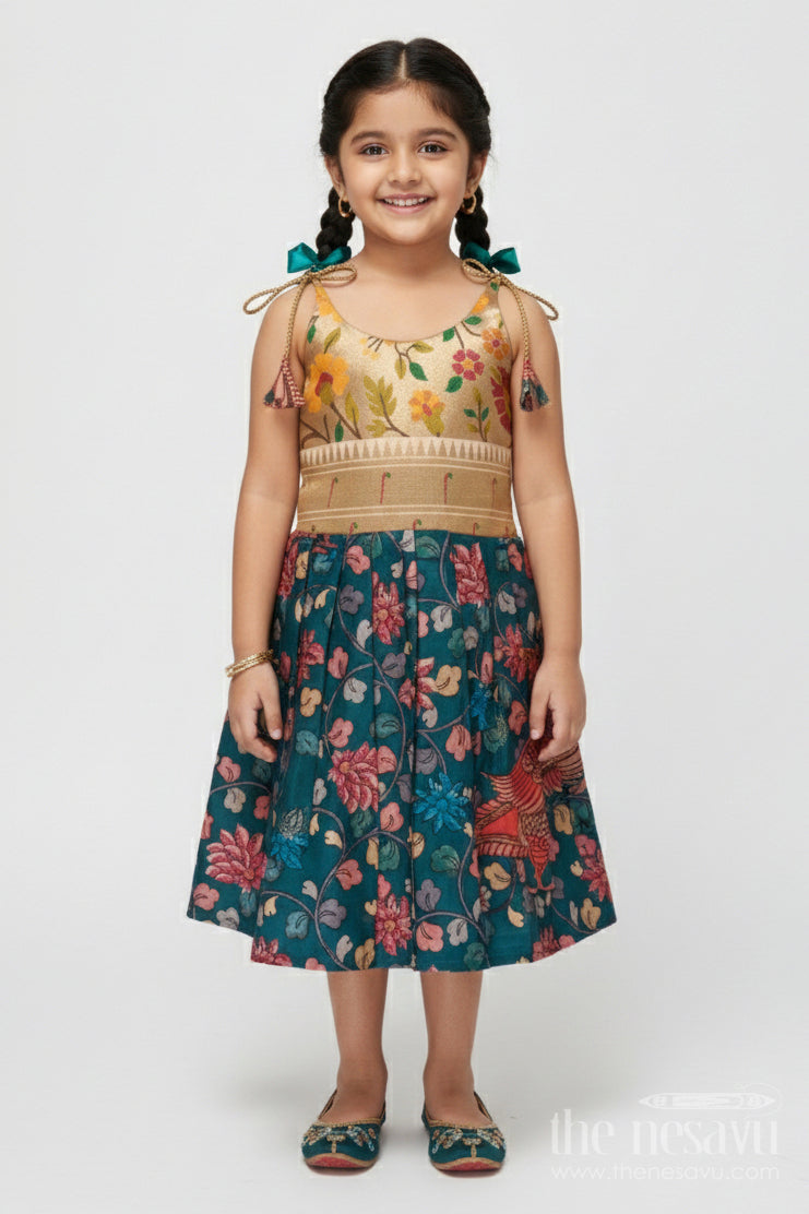 The Nesavu Tie-up Frock Tie-up Frock for Baby Girls with Digital Print for Weddings and Festive Events Nesavu 16 (1Y) / Green / Style 4 T418D-16 Nesavu baby girl tie-up silk frock with peacock and floral digital print – perfect for weddings and festive wear