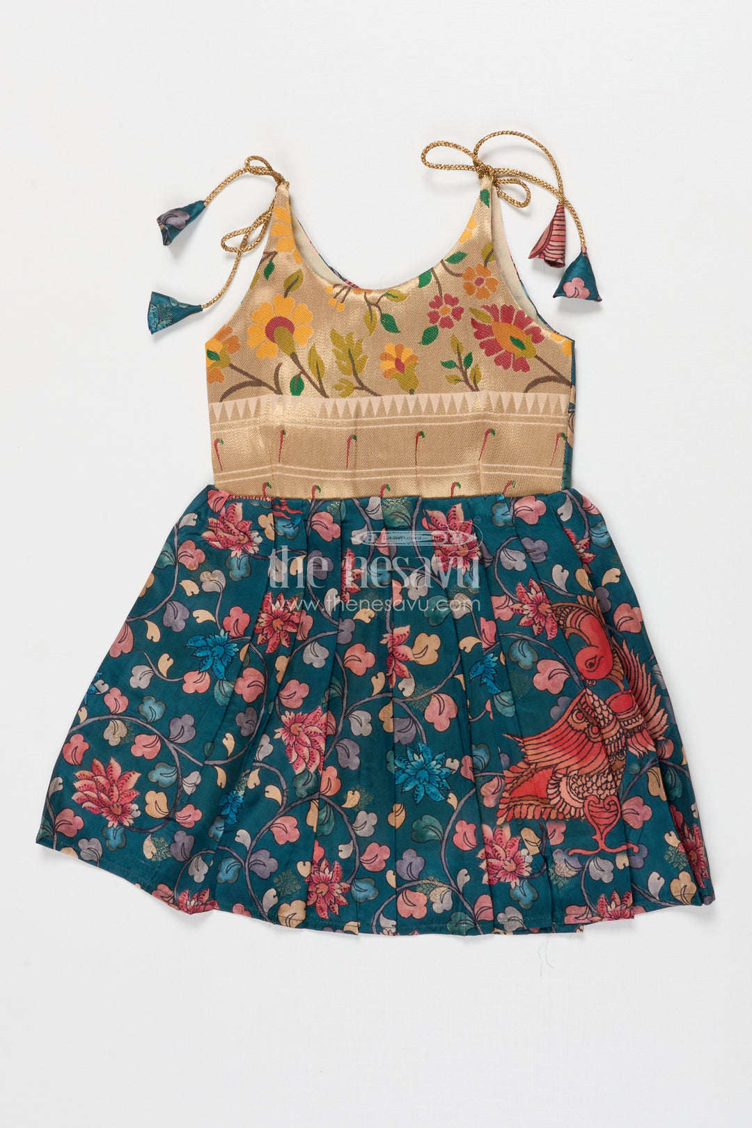 The Nesavu Tie-up Frock Tie-up Frock for Baby Girls with Digital Print for Weddings and Festive Events Nesavu 16 (1Y) / Green / Style 4 T418D-16 Nesavu baby girl tie-up silk frock with peacock and floral digital print – perfect for weddings and festive wear