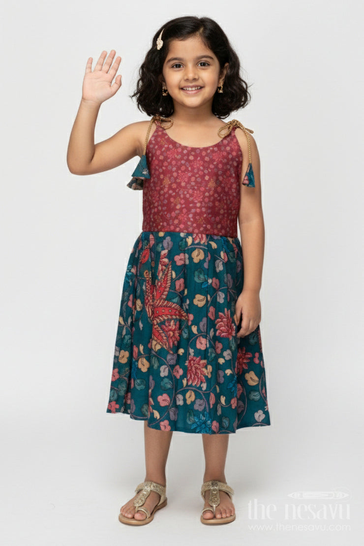 The Nesavu Tie-up Frock Tie-up Frock for Baby Girls with Digital Print for Weddings and Festive Events Nesavu 16 (1Y) / Green / Style 5 T418E-16 Nesavu baby girl tie-up silk frock with peacock and floral digital print – perfect for weddings and festive wear