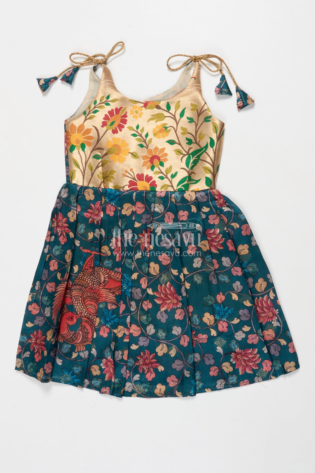 The Nesavu Tie-up Frock Tie-up Frock for Baby Girls with Digital Print for Weddings and Festive Events Nesavu 18 (2Y) / Green / Style 3 T418C-18 Nesavu baby girl tie-up silk frock with peacock and floral digital print – perfect for weddings and festive wear