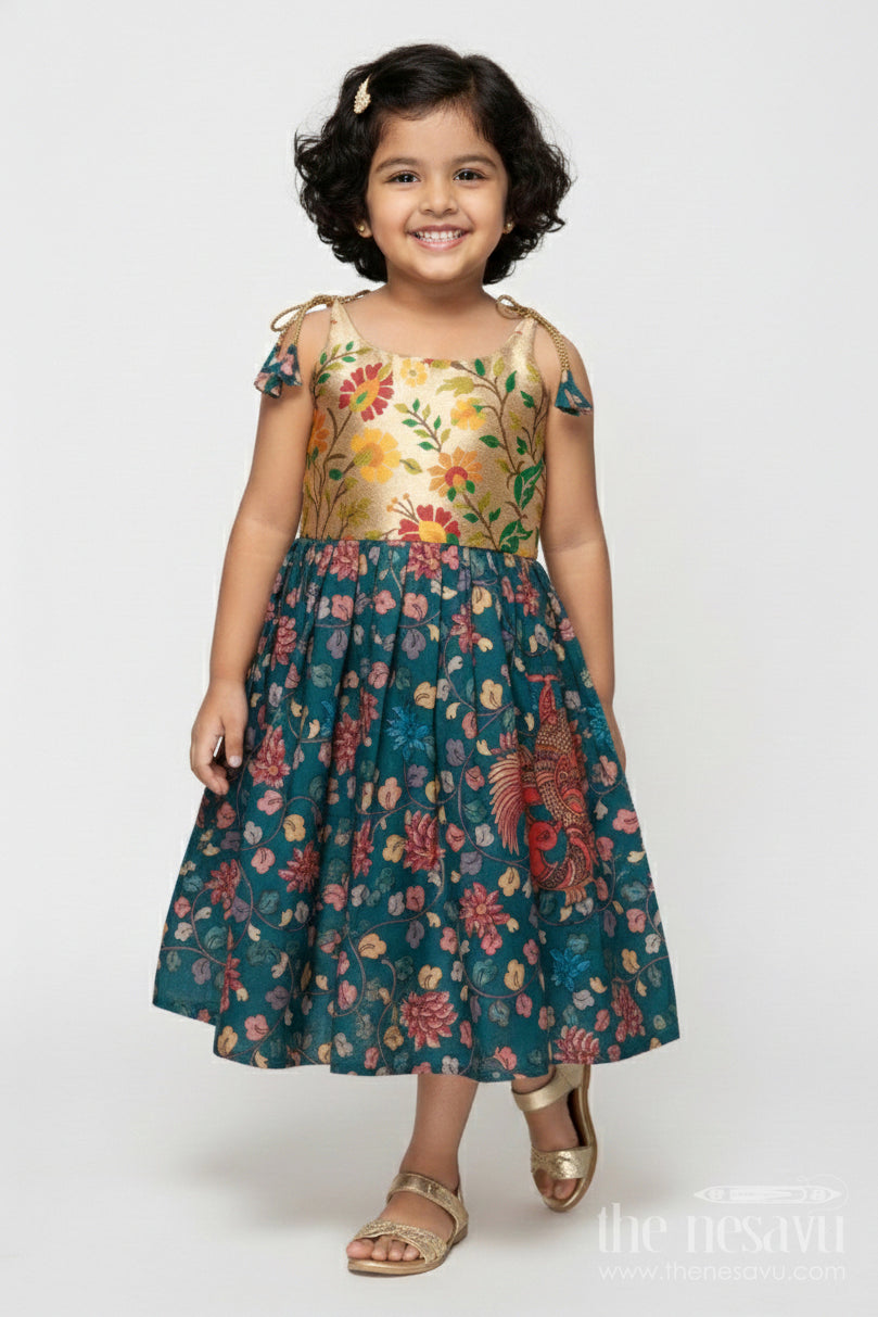 The Nesavu Tie-up Frock Tie-up Frock for Baby Girls with Digital Print for Weddings and Festive Events Nesavu 18 (2Y) / Green / Style 3 T418C-18 Nesavu baby girl tie-up silk frock with peacock and floral digital print – perfect for weddings and festive wear