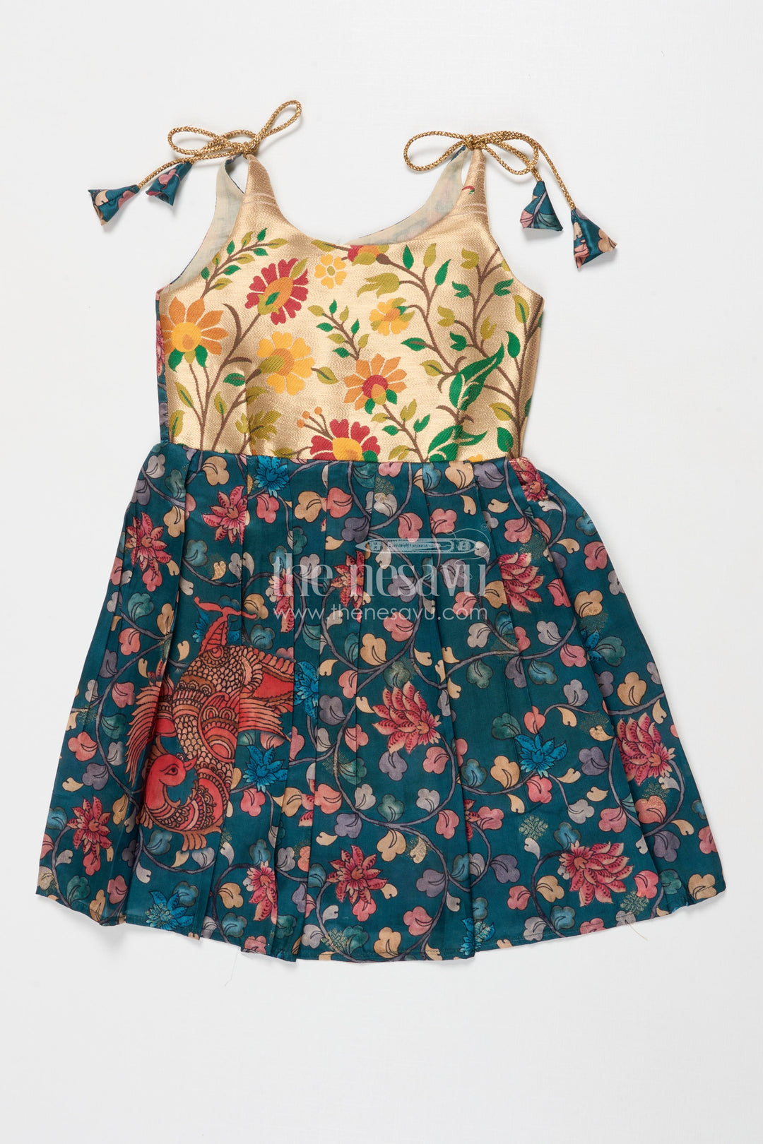 The Nesavu Tie-up Frock Tie-up Frock for Baby Girls with Digital Print for Weddings and Festive Events Nesavu 18 (2Y) / Green / Style 3 T418C-18 Nesavu baby girl tie-up silk frock with peacock and floral digital print – perfect for weddings and festive wear