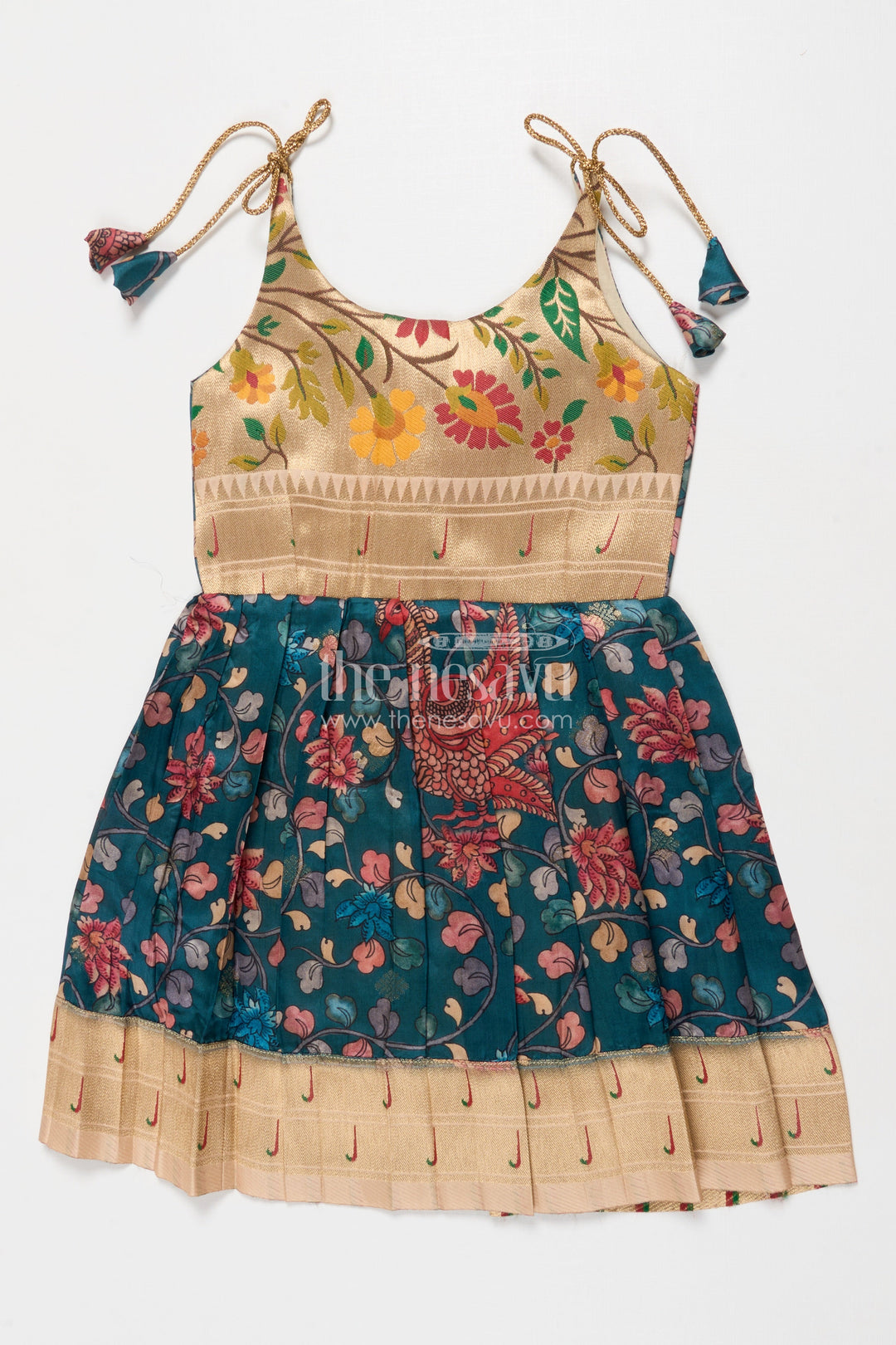 The Nesavu Tie-up Frock Tie-up Frock for Baby Girls with Digital Print for Weddings and Festive Events Nesavu 20 (3Y) / Green / Style 1 T418A-20 Nesavu baby girl tie-up silk frock with peacock and floral digital print – perfect for weddings and festive wear