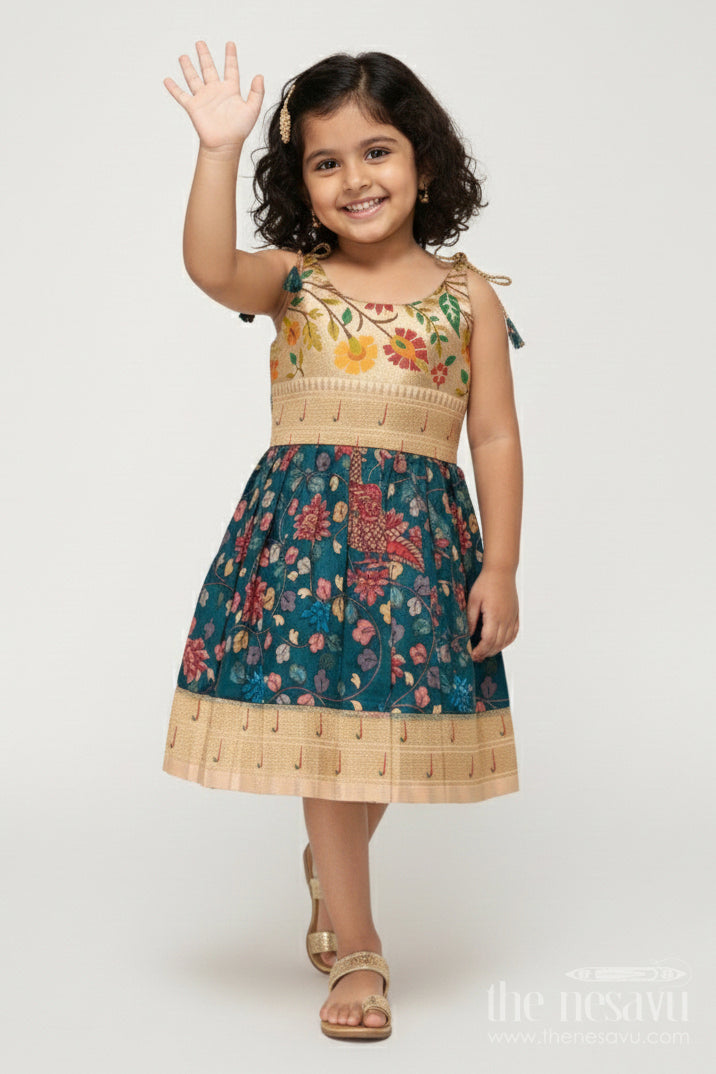 The Nesavu Tie-up Frock Tie-up Frock for Baby Girls with Digital Print for Weddings and Festive Events Nesavu 20 (3Y) / Green / Style 1 T418A-20 Nesavu baby girl tie-up silk frock with peacock and floral digital print – perfect for weddings and festive wear