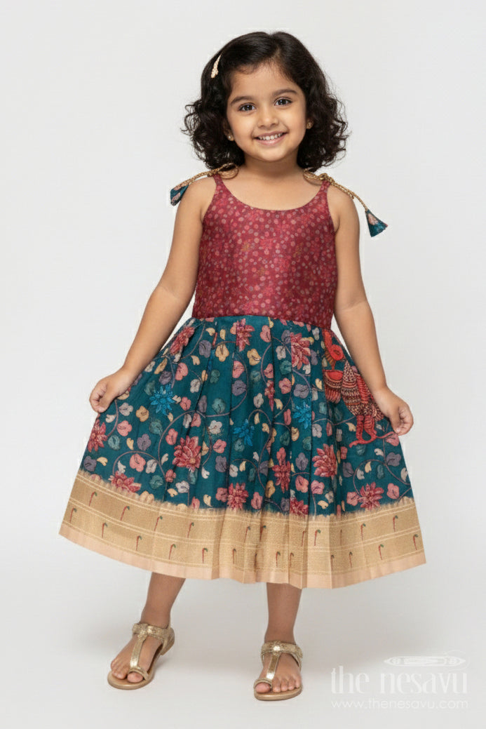 The Nesavu Tie-up Frock Tie-up Frock for Baby Girls with Digital Print for Weddings and Festive Events Nesavu 20 (3Y) / Green / Style 2 T418B-20 Nesavu baby girl tie-up silk frock with peacock and floral digital print – perfect for weddings and festive wear